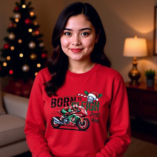 Biker Xmas Jumper, Born To Sleigh Jingle All the Way, this motorcycle sweater is a must-have for bike lover gifts.