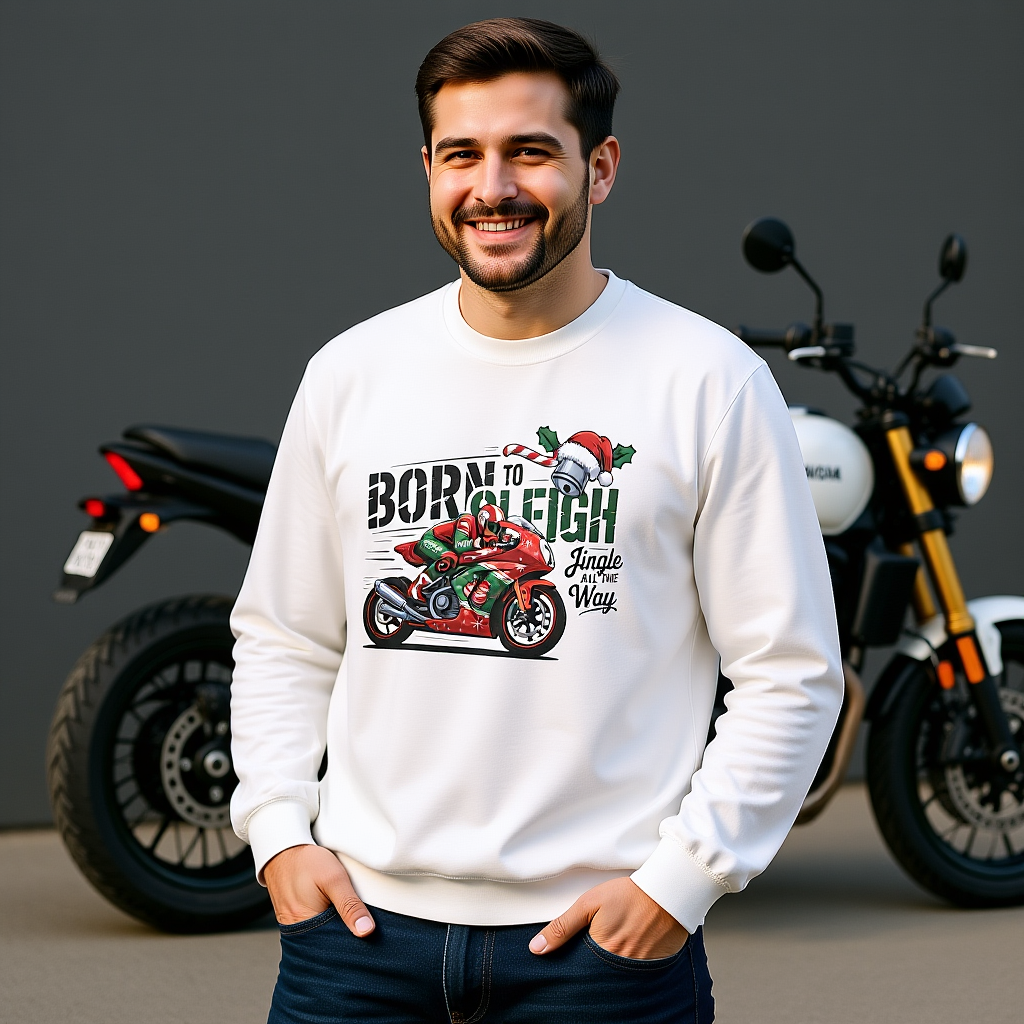 Biker Xmas Jumper, Born To Sleigh Jingle All the Way, this motorcycle sweater is a must-have for bike lover gifts.