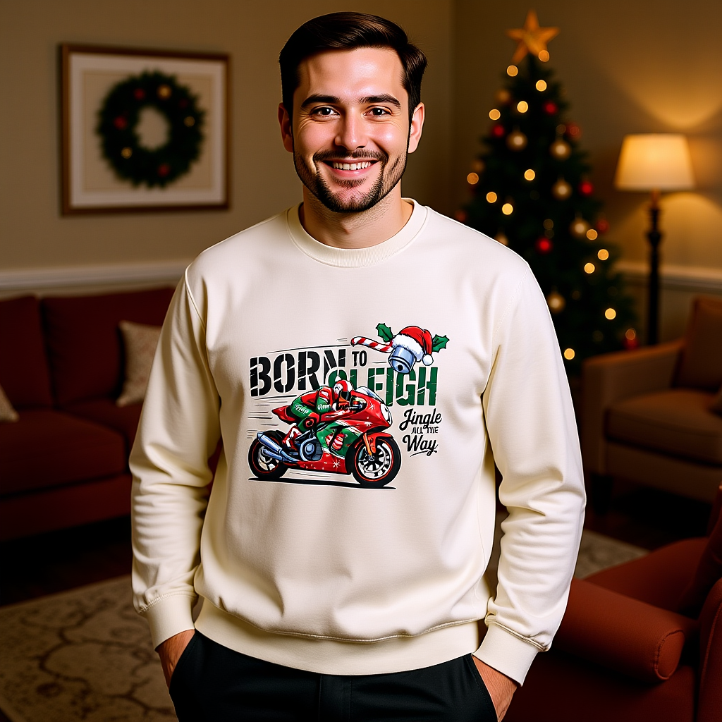 Biker Xmas Jumper, Born To Sleigh Jingle All the Way, this motorcycle sweater is a must-have for bike lover gifts.