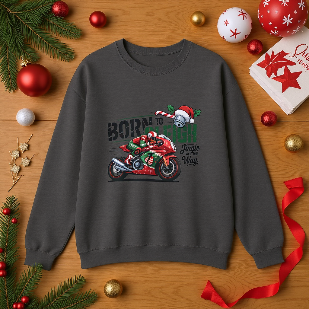 Biker Xmas Jumper, Born To Sleigh Jingle All the Way, this motorcycle sweater is a must-have for bike lover gifts.