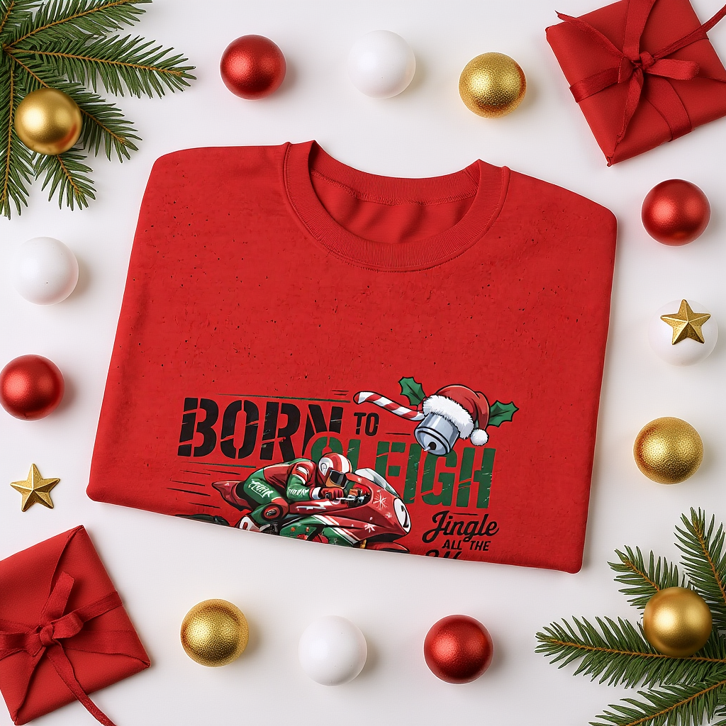 Biker Xmas Jumper, Born To Sleigh Jingle All the Way, this motorcycle sweater is a must-have for bike lover gifts.