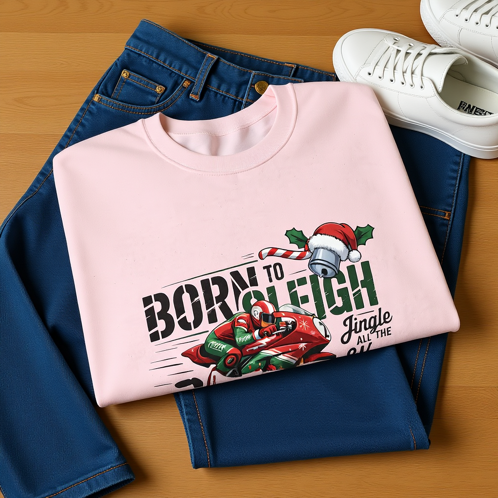 Biker Xmas Jumper, Born To Sleigh Jingle All the Way, this motorcycle sweater is a must-have for bike lover gifts.