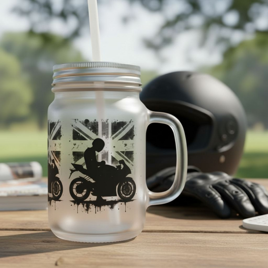 Union Jack Mason Jar with Straw, great Biker Dad Gift idea.