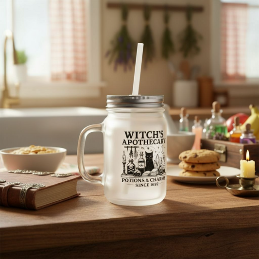 Frosted Glass Mason Jar, Witch Apothecary Design, Mason Jar with Straw, Eco Friendly Witchy Cup, Witchy Gifts for Her,Witchcore Cup