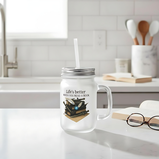 Book Lovers Mason Jar with Straw, Frosted Glass Cup, Eco Friendly Mug, Bookish Aesthetic, Booktok Merch, Bibliophile Gift, Book Club Gift