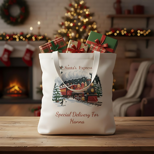 Personalised Santa's Express cotton Tote Bag, Christmas Tote Bag, Custom Christmas Bag, Childs Name, Santas Express