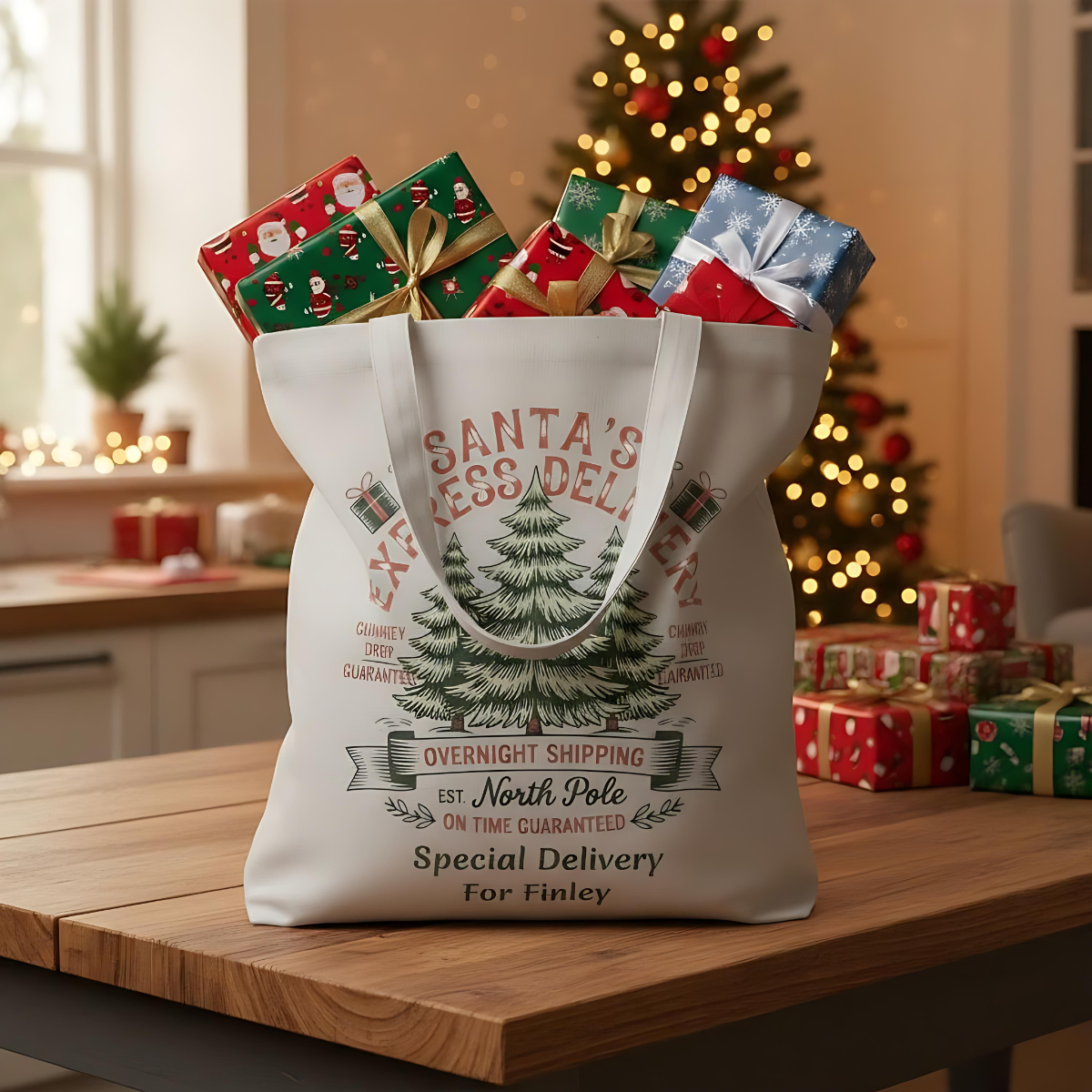 Personalised Santa's Express Delivery Cotton Tote Bag, Custom gift Bag.
