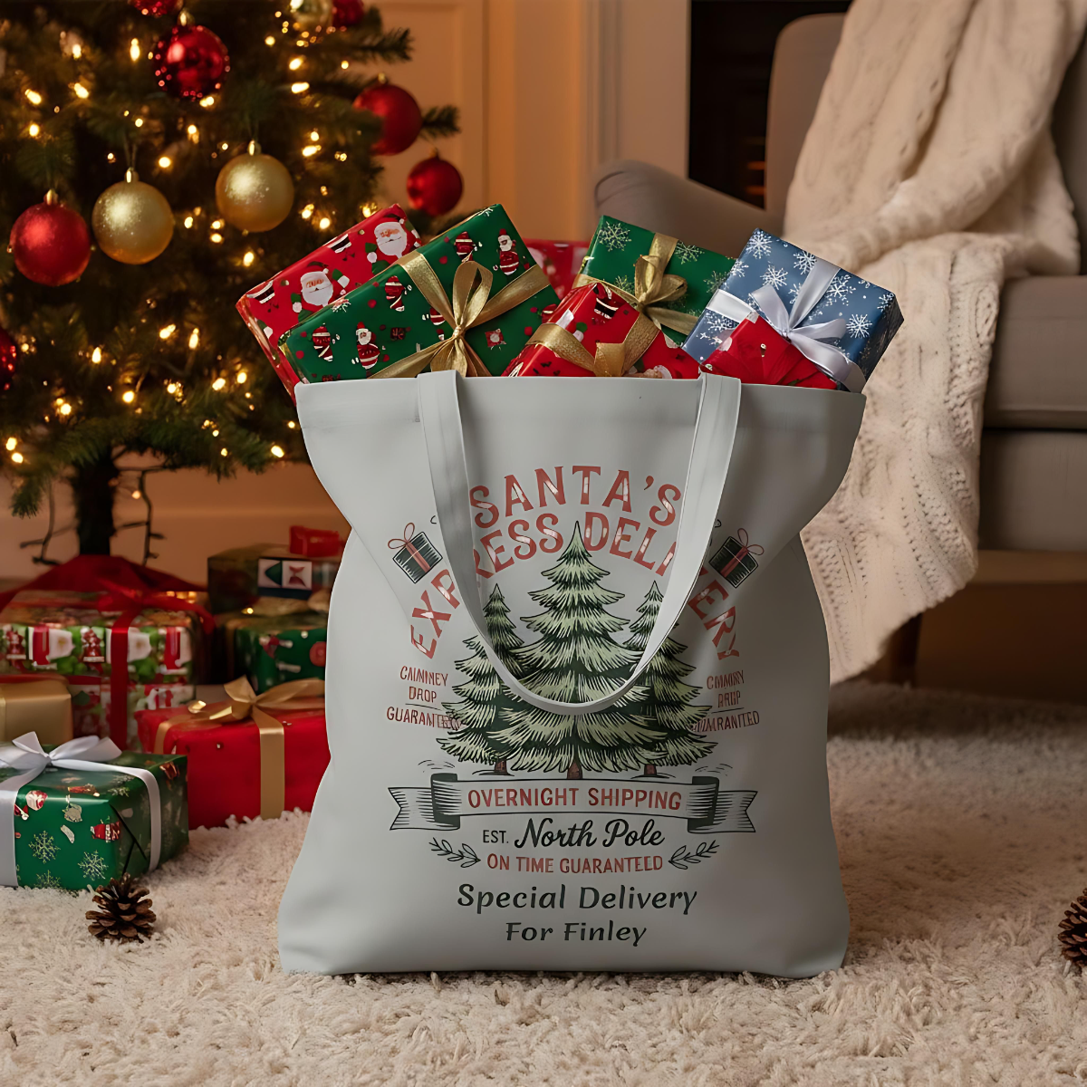 Personalised Santa's Express Delivery Cotton Tote Bag, Custom gift Bag.
