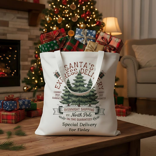Personalised Santa's Express Delivery Cotton Tote Bag, Custom gift Bag.