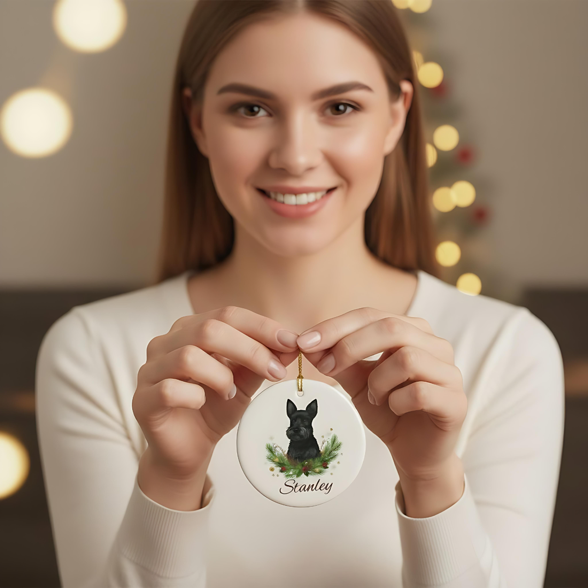 Personalised Scottish Terrier Christmas Ornament | Custom Dog Name Ceramic Tree Decoration | Scottie Dog Gift for Dog Lovers