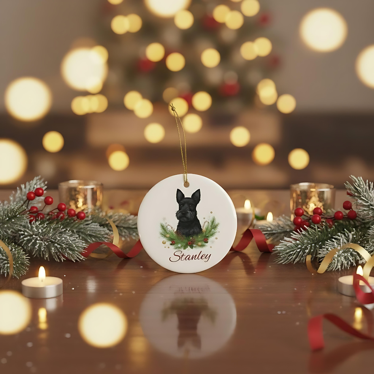 Personalised Scottish Terrier Christmas Ornament | Custom Dog Name Ceramic Tree Decoration | Scottie Dog Gift for Dog Lovers