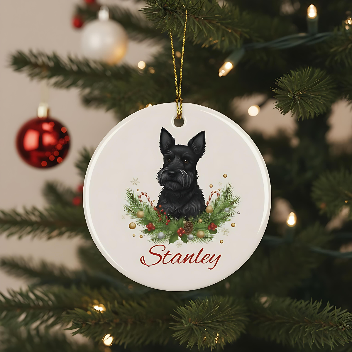 Personalised Scottish Terrier Christmas Ornament | Custom Dog Name Ceramic Tree Decoration | Scottie Dog Gift for Dog Lovers