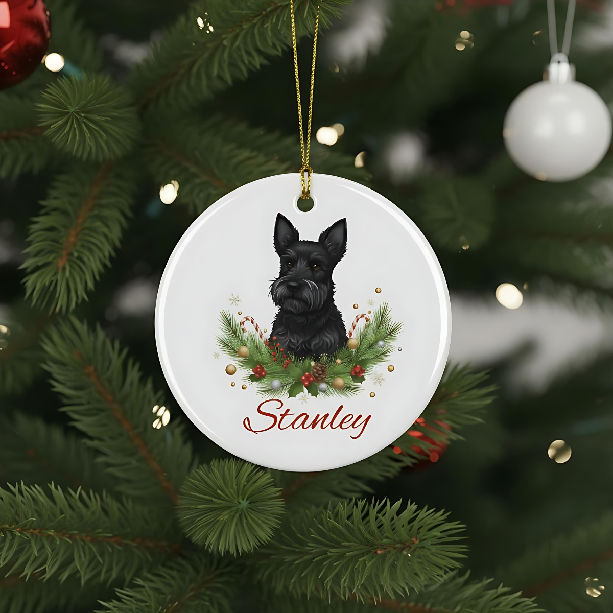 Personalised Scottish Terrier Christmas Ornament | Custom Dog Name Ceramic Tree Decoration | Scottie Dog Gift for Dog Lovers