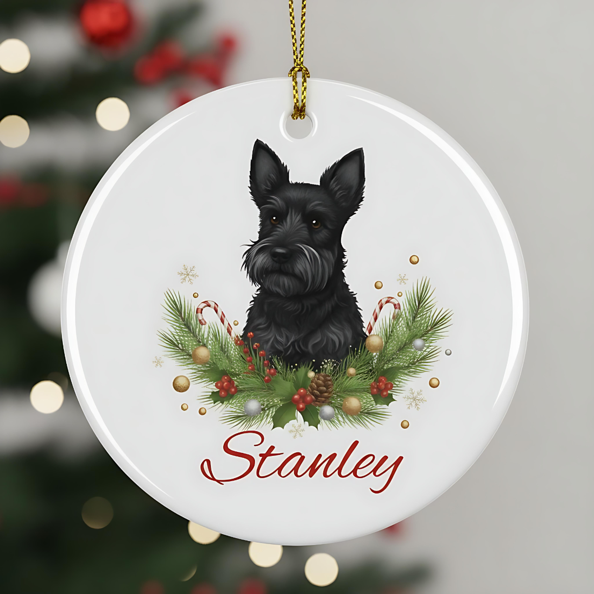 Personalised Scottish Terrier Christmas Ornament | Custom Dog Name Ceramic Tree Decoration | Scottie Dog Gift for Dog Lovers