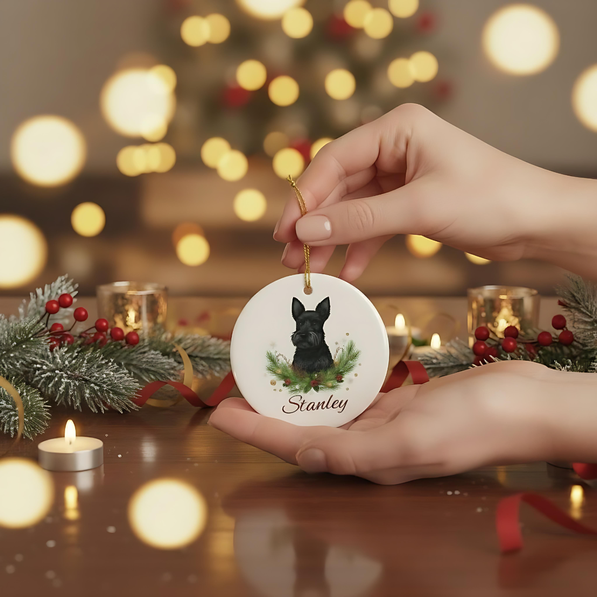Personalised Scottish Terrier Christmas Ornament | Custom Dog Name Ceramic Tree Decoration | Scottie Dog Gift for Dog Lovers