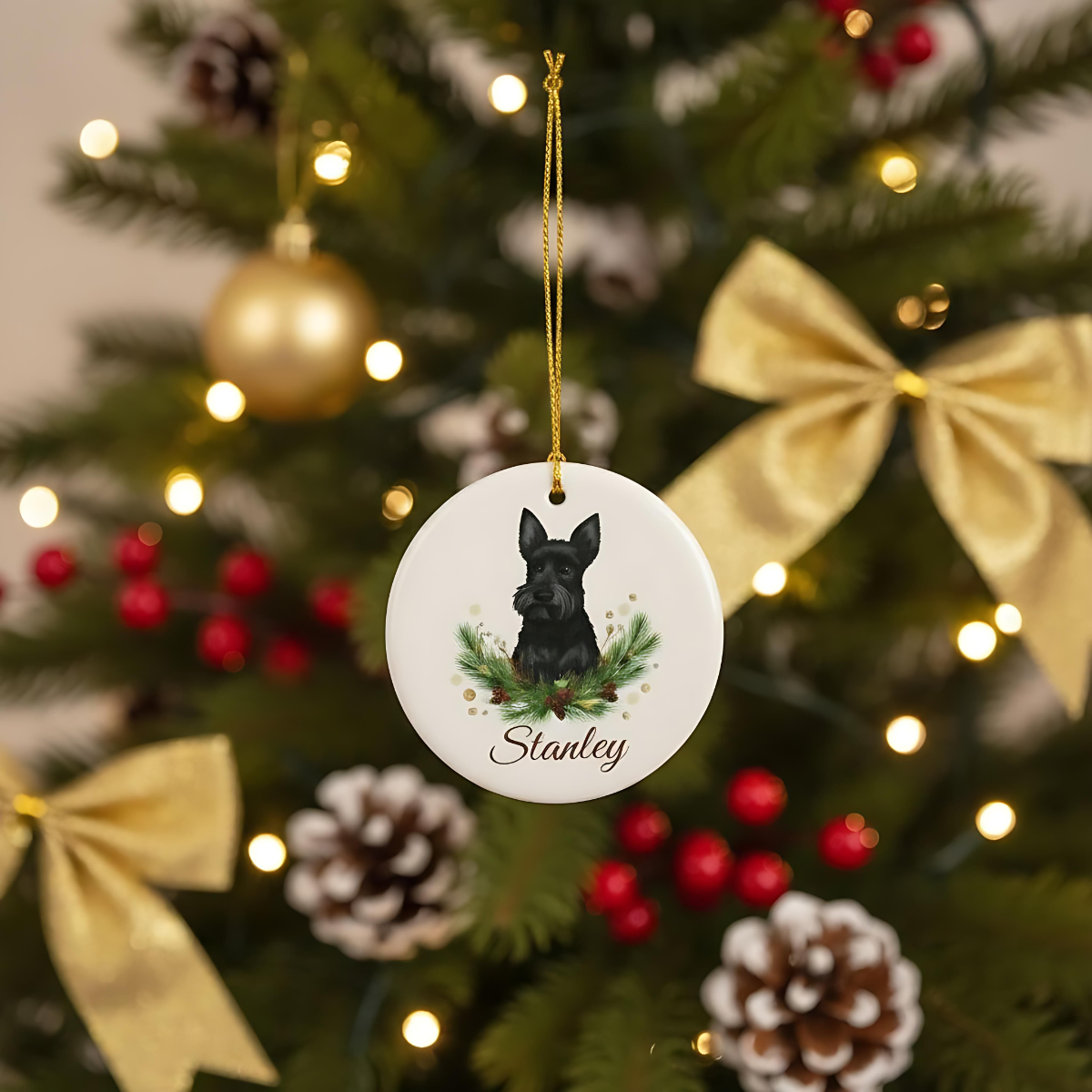 Personalised Scottish Terrier Christmas Ornament | Custom Dog Name Ceramic Tree Decoration | Scottie Dog Gift for Dog Lovers