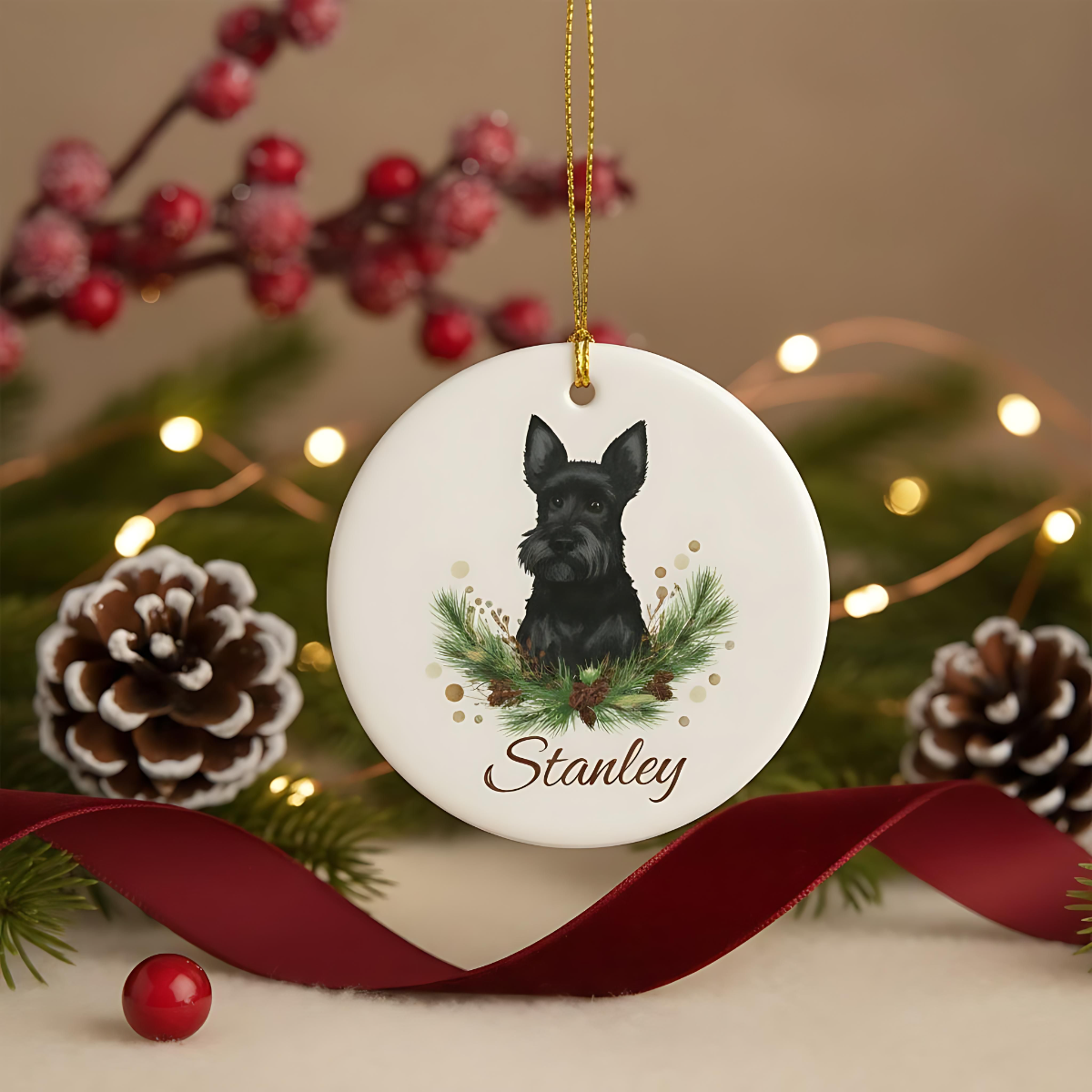 Personalised Scottish Terrier Christmas Ornament | Custom Dog Name Ceramic Tree Decoration | Scottie Dog Gift for Dog Lovers