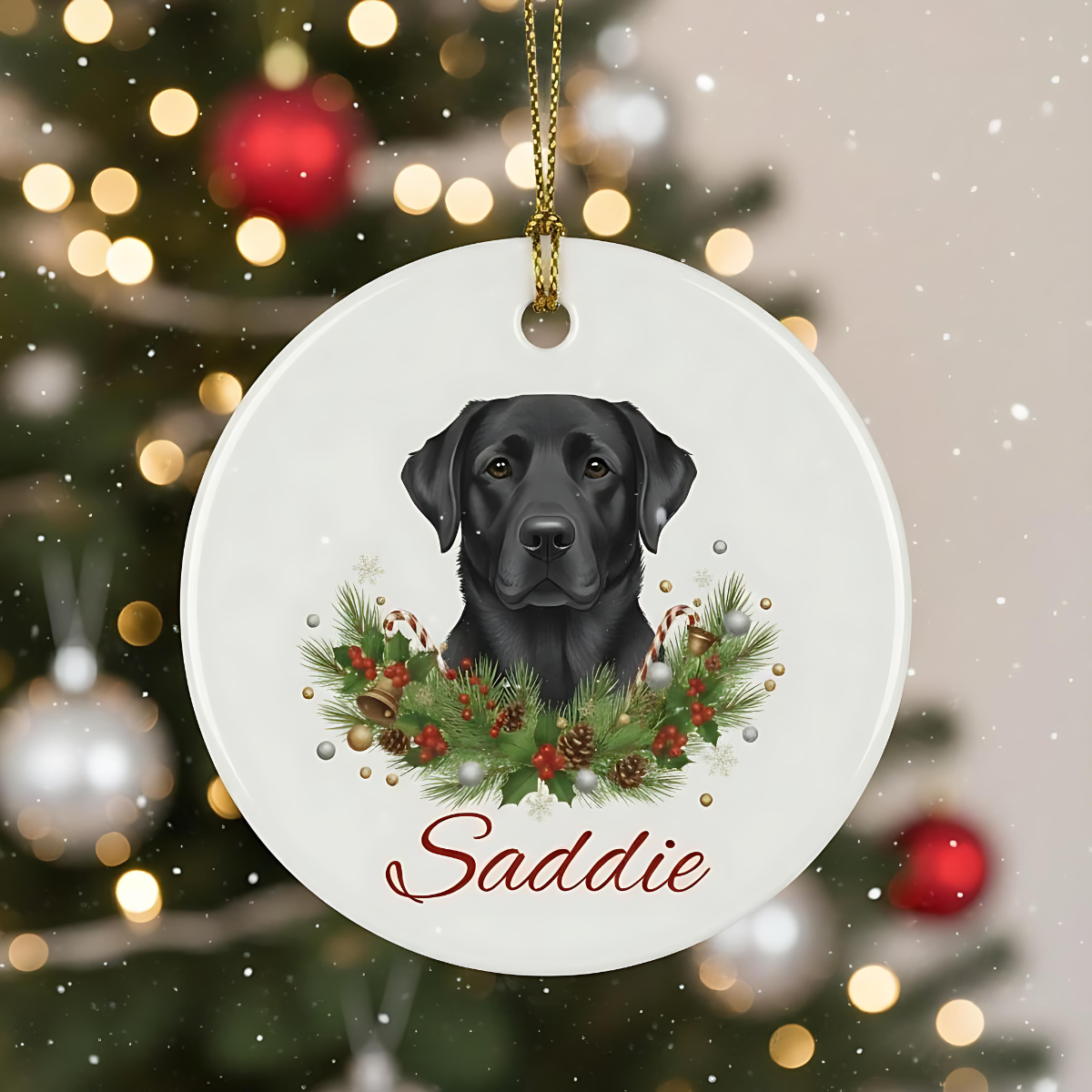 Personalised Black Labrador Christmas Ornament | Custom Dog Name Ceramic Tree Decoration | Black Lab Gift for Dog Lovers