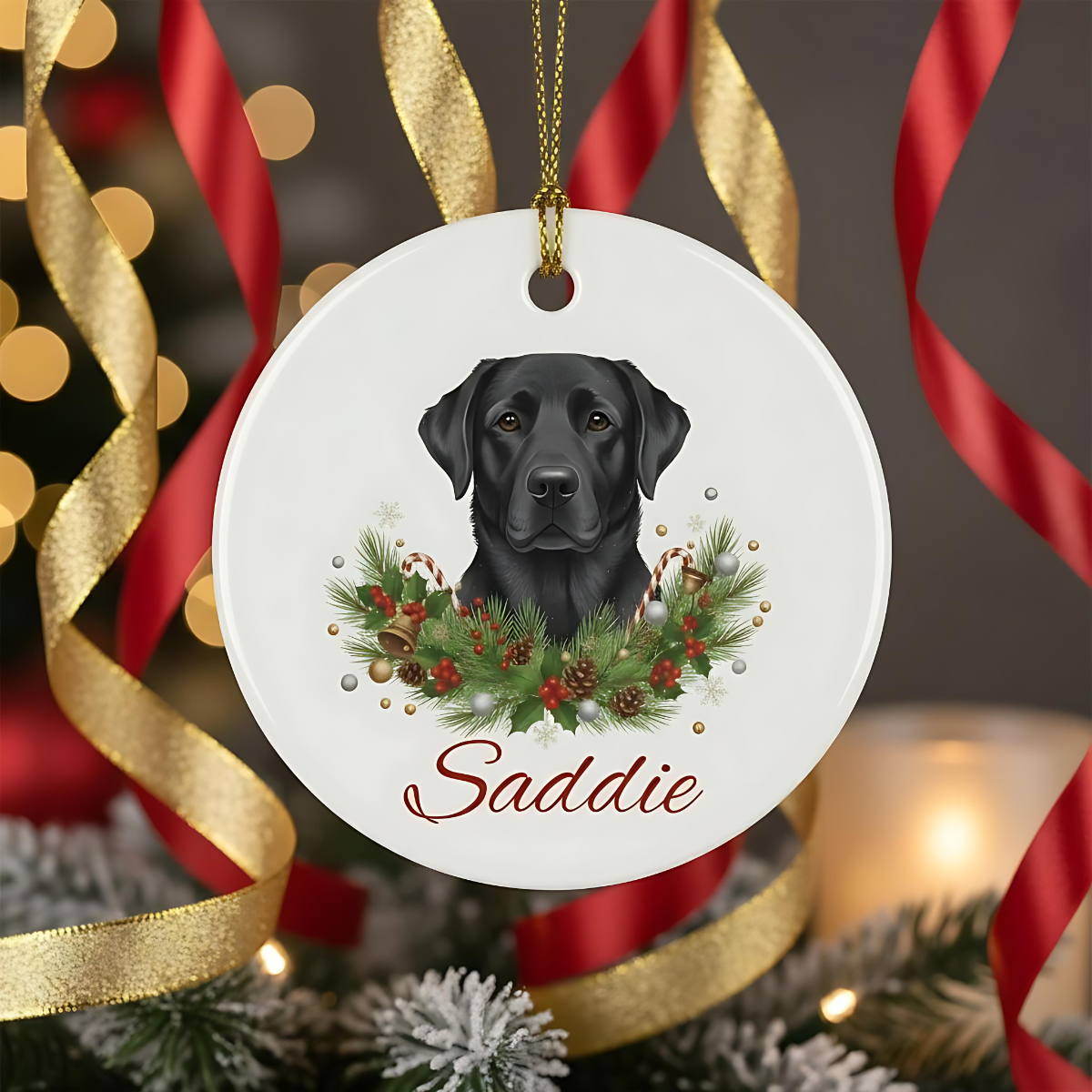 Personalised Black Labrador Christmas Ornament | Custom Dog Name Ceramic Tree Decoration | Black Lab Gift for Dog Lovers