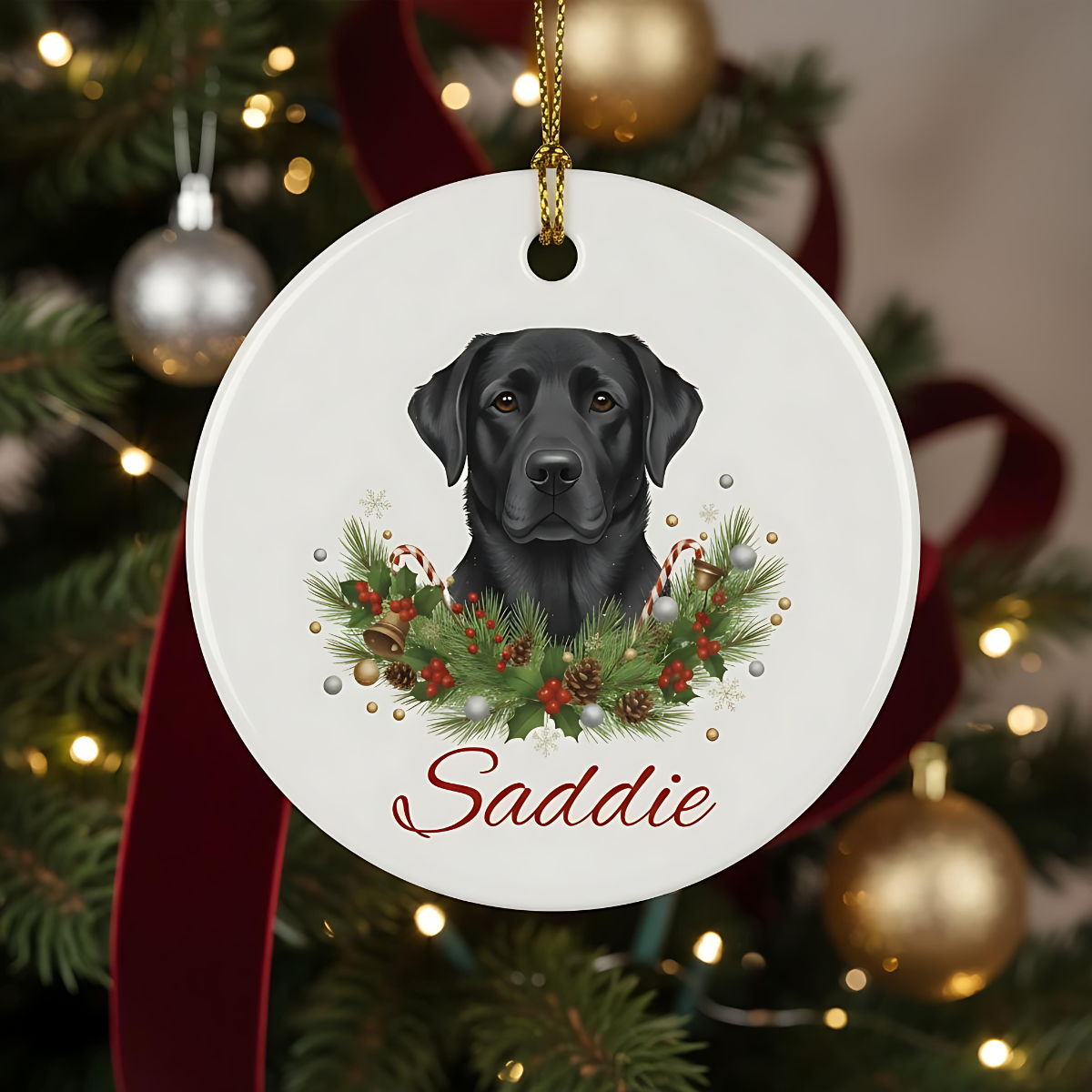 Personalised Black Labrador Christmas Ornament | Custom Dog Name Ceramic Tree Decoration | Black Lab Gift for Dog Lovers