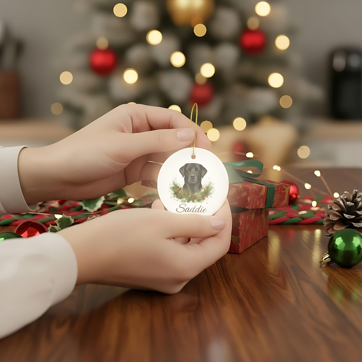 Personalised Black Labrador Christmas Ornament | Custom Dog Name Ceramic Tree Decoration | Black Lab Gift for Dog Lovers