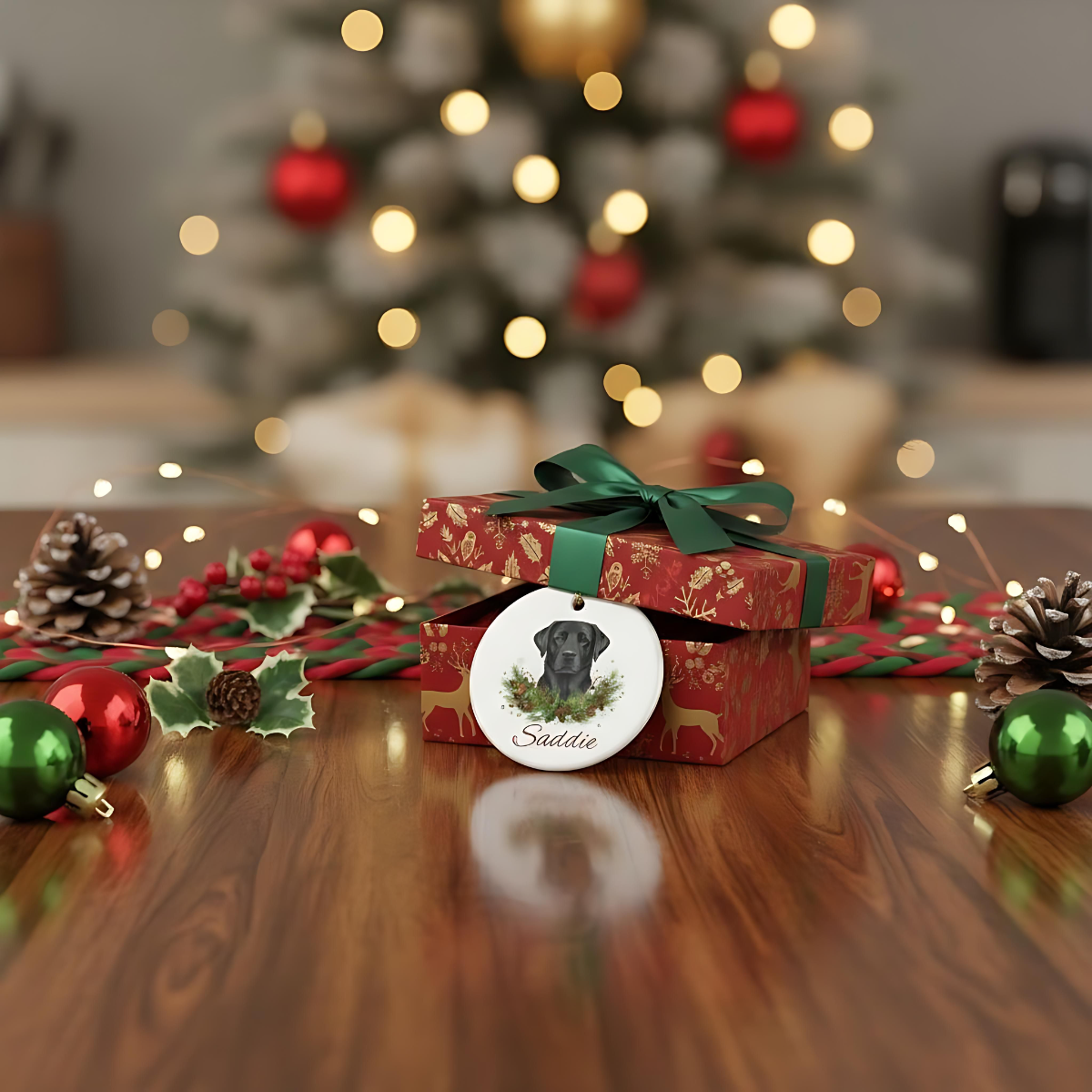 Personalised Black Labrador Christmas Ornament | Custom Dog Name Ceramic Tree Decoration | Black Lab Gift for Dog Lovers