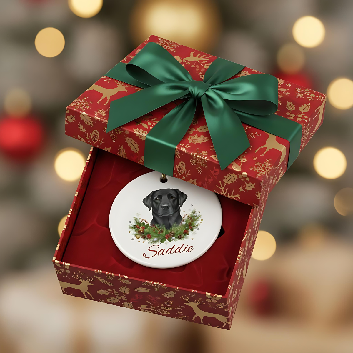 Personalised Black Labrador Christmas Ornament | Custom Dog Name Ceramic Tree Decoration | Black Lab Gift for Dog Lovers