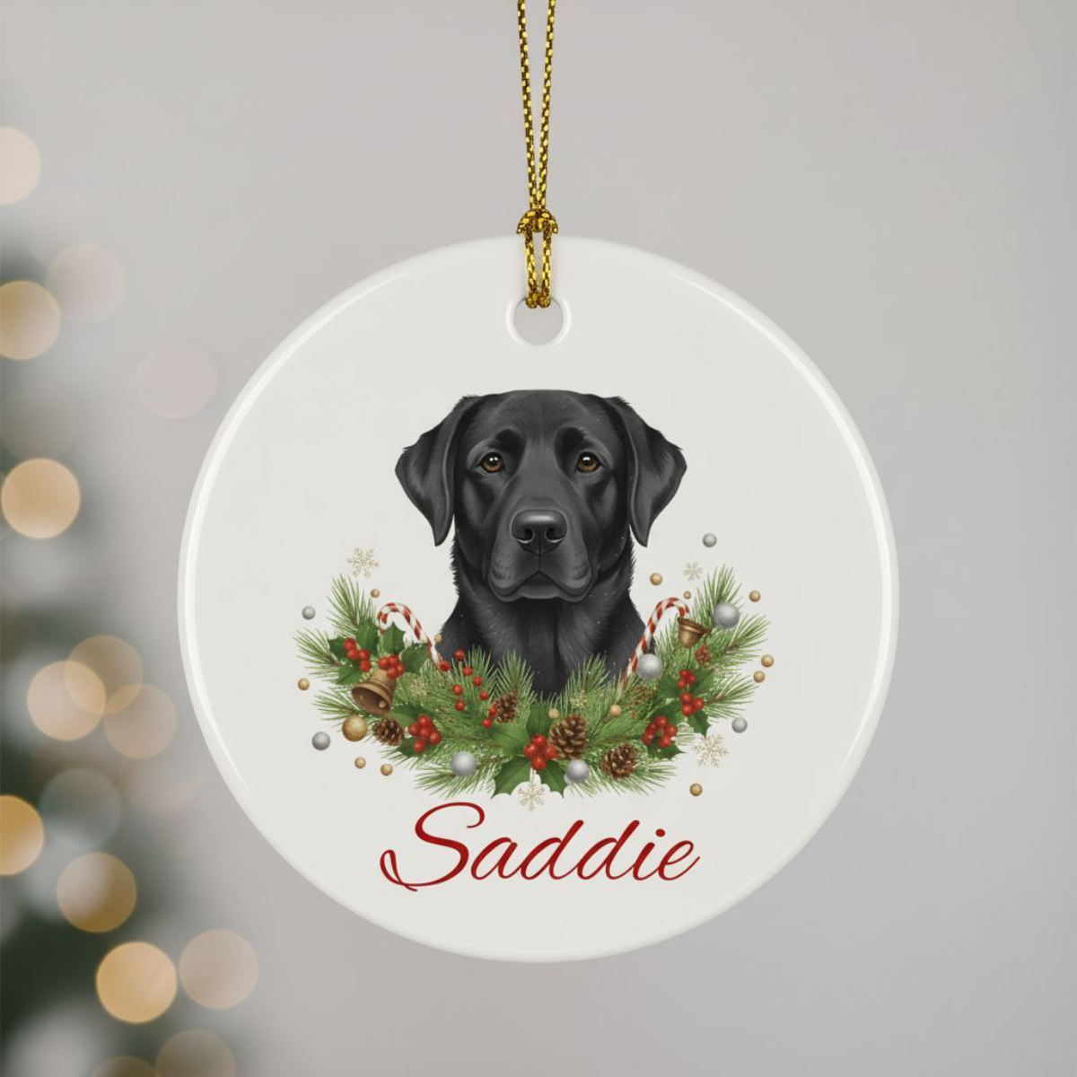 Personalised Black Labrador Christmas Ornament | Custom Dog Name Ceramic Tree Decoration | Black Lab Gift for Dog Lovers