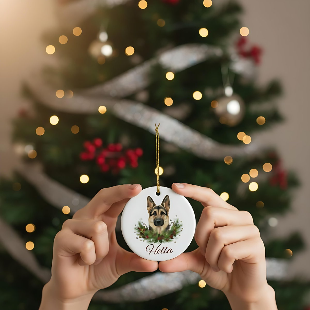 Personalized German Shepherd Christmas Ornament | Custom GSD Dog Name Ceramic Tree Decoration | German Shepherd Gift