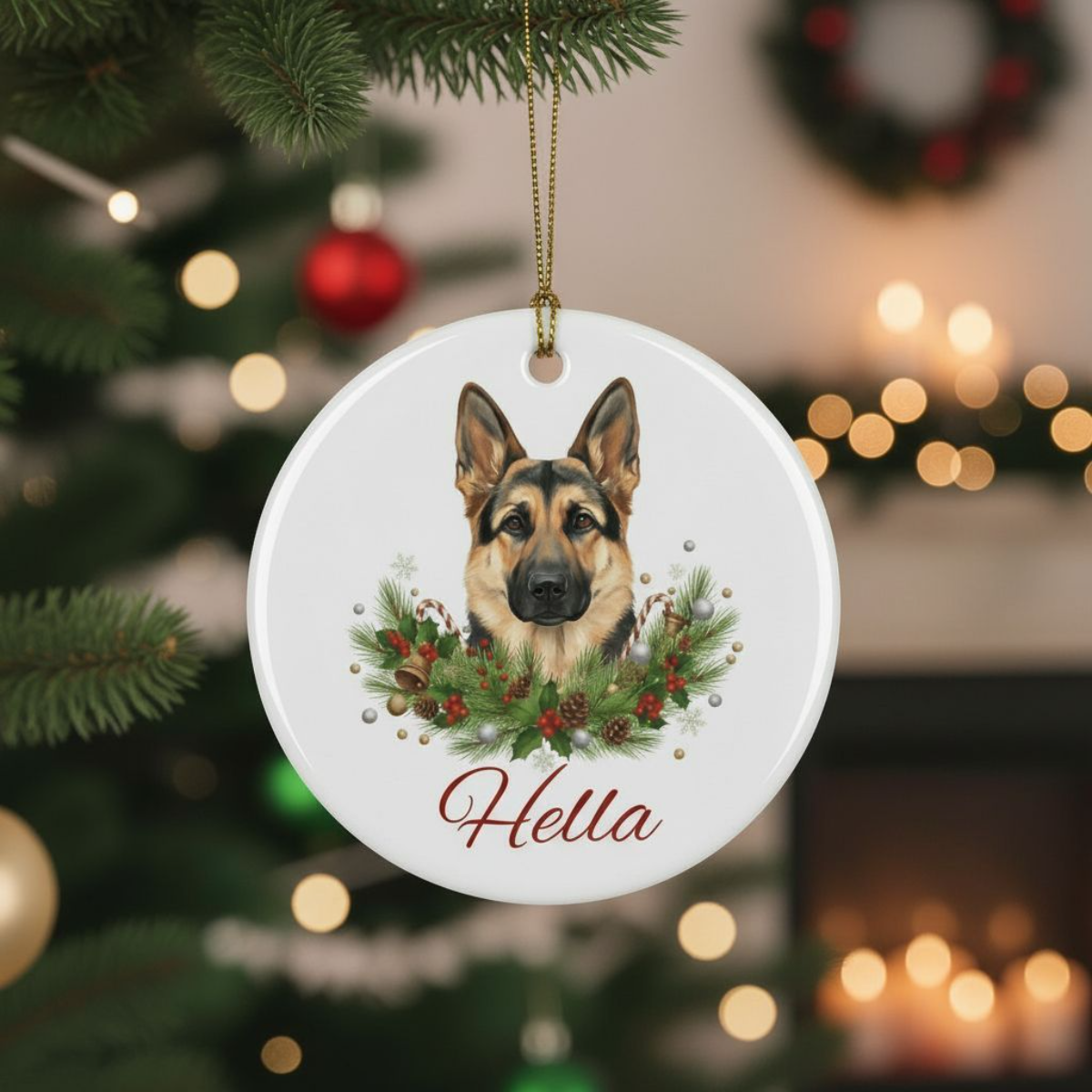 Personalized German Shepherd Christmas Ornament | Custom GSD Dog Name Ceramic Tree Decoration | German Shepherd Gift