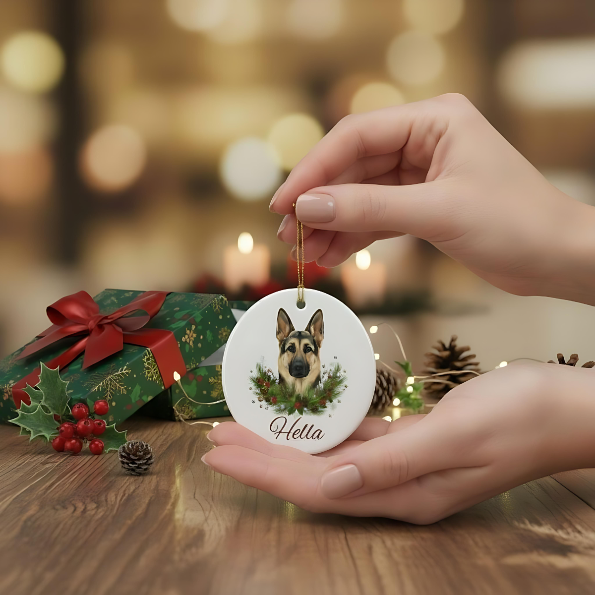 Personalized German Shepherd Christmas Ornament | Custom GSD Dog Name Ceramic Tree Decoration | German Shepherd Gift
