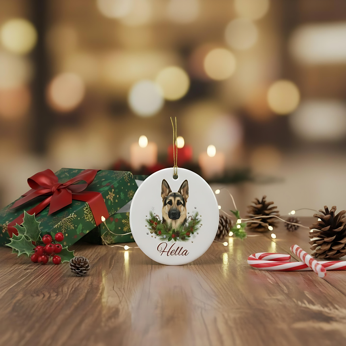 Personalized German Shepherd Christmas Ornament | Custom GSD Dog Name Ceramic Tree Decoration | German Shepherd Gift