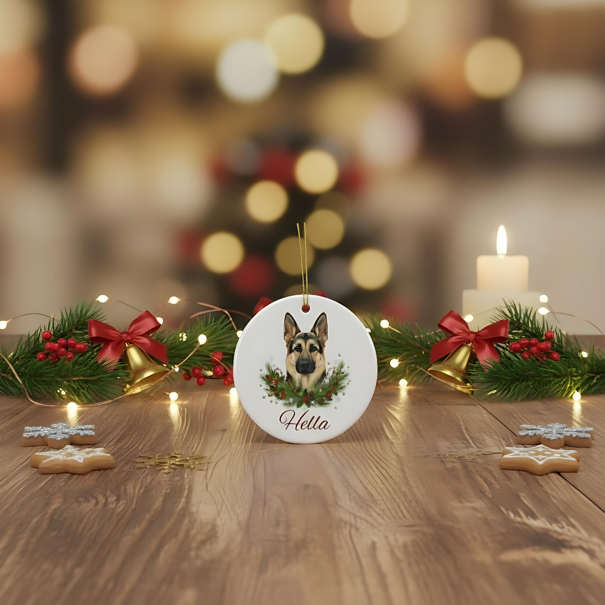 Personalized German Shepherd Christmas Ornament | Custom GSD Dog Name Ceramic Tree Decoration | German Shepherd Gift
