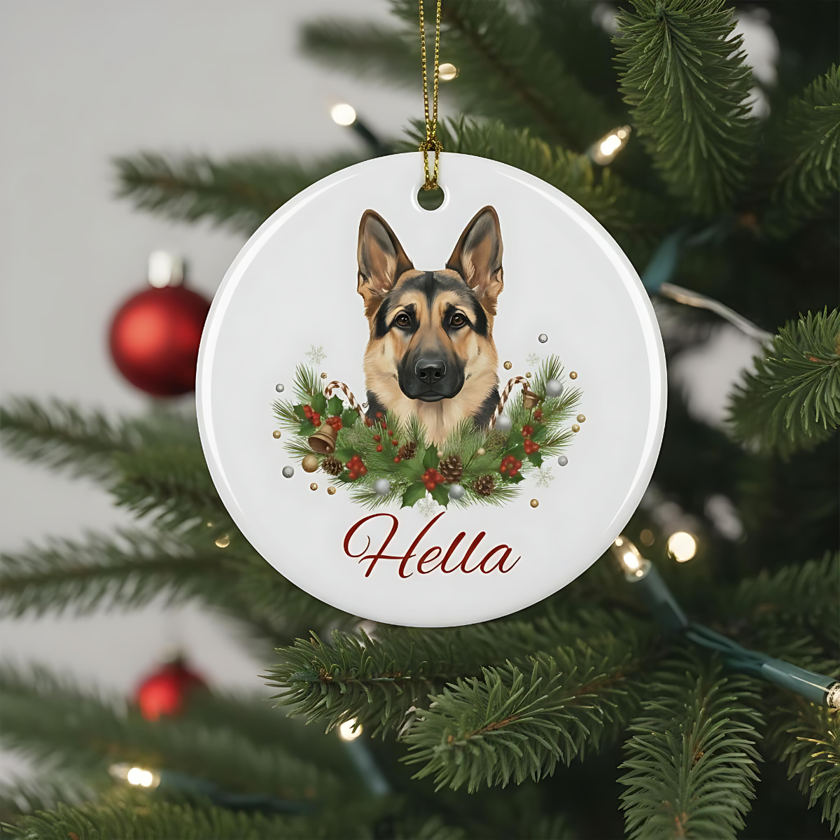 Personalized German Shepherd Christmas Ornament | Custom GSD Dog Name Ceramic Tree Decoration | German Shepherd Gift