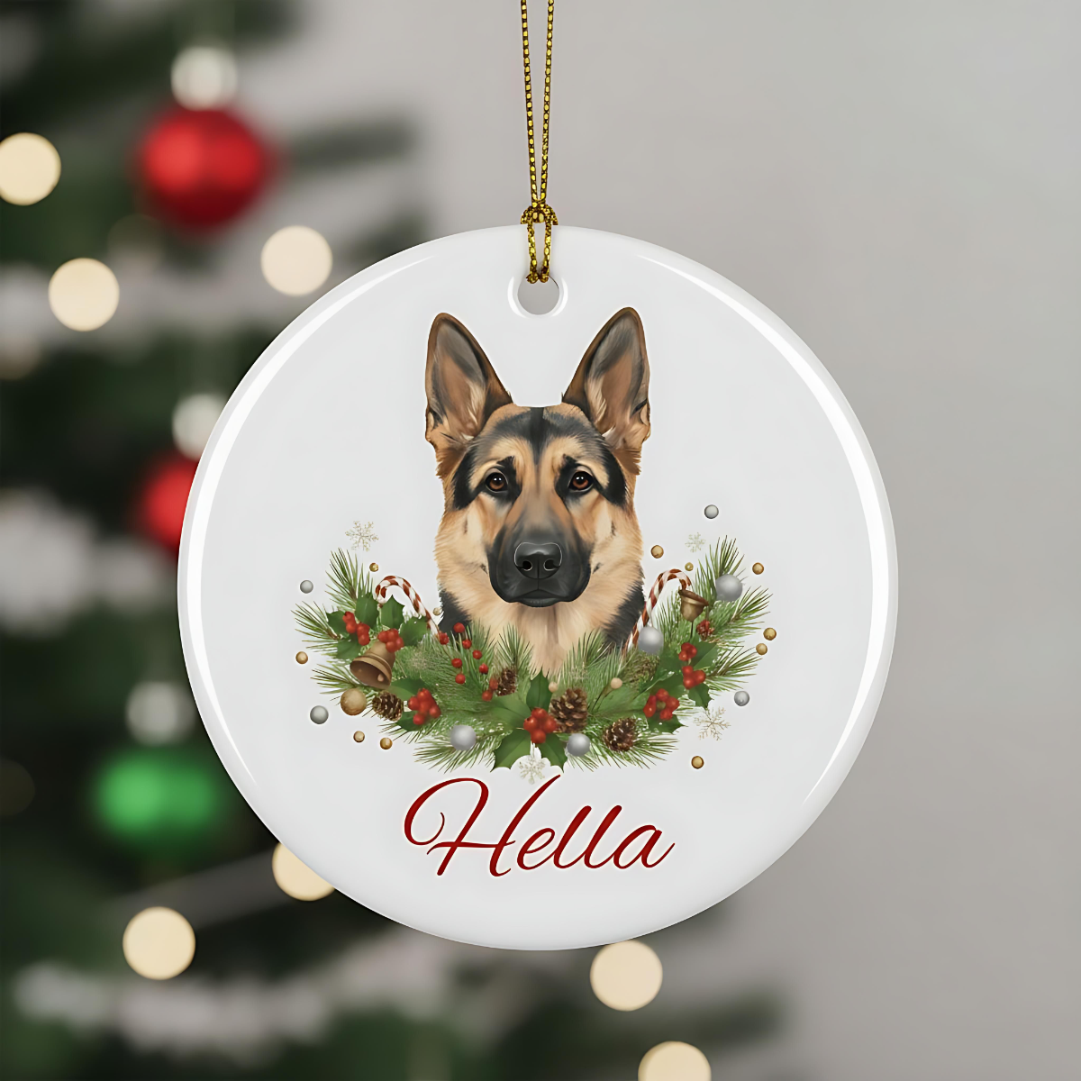 Personalized German Shepherd Christmas Ornament | Custom GSD Dog Name Ceramic Tree Decoration | German Shepherd Gift