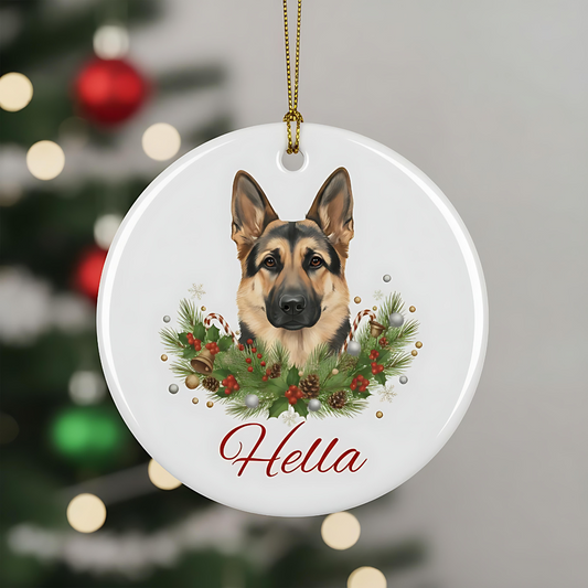 Personalized German Shepherd Christmas Ornament | Custom GSD Dog Name Ceramic Tree Decoration | German Shepherd Gift