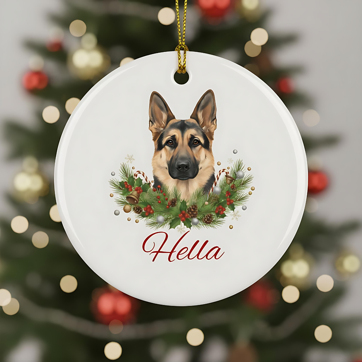 Personalized German Shepherd Christmas Ornament | Custom GSD Dog Name Ceramic Tree Decoration | German Shepherd Gift