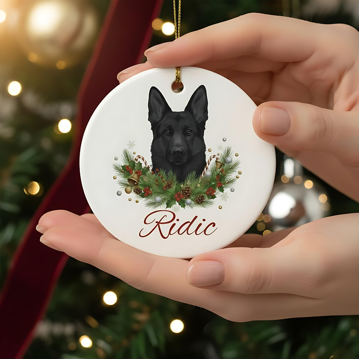 Personalized German Shepherd Christmas Ornament | Custom GSD Dog Name Ceramic Tree Decoration | German Shepherd Gift