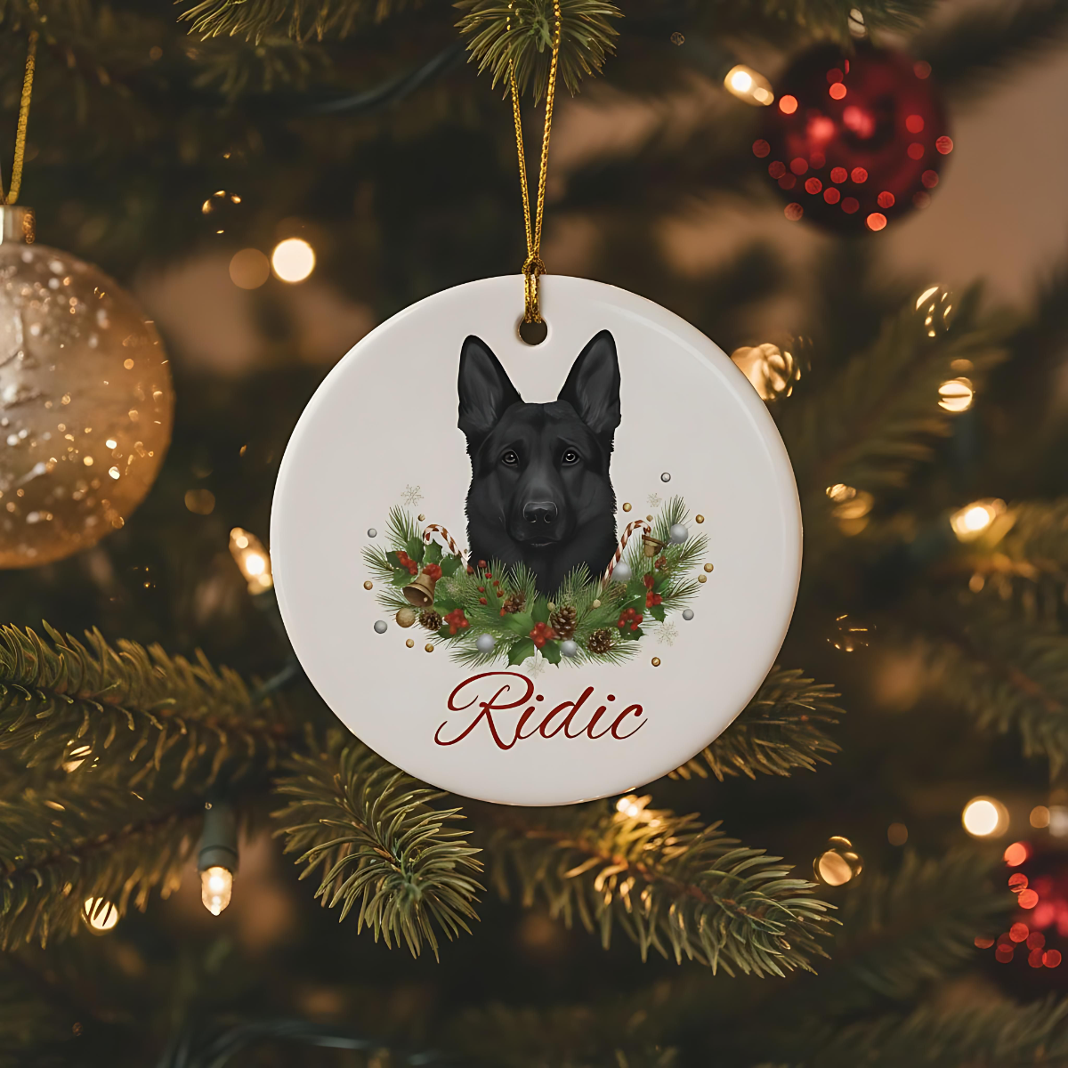 Personalized German Shepherd Christmas Ornament | Custom GSD Dog Name Ceramic Tree Decoration | German Shepherd Gift