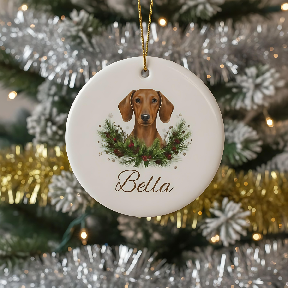 Personalized Dachshund Christmas Ornament | Custom Doxie Dog Name Ceramic Keepsake | Wiener Dog Gift