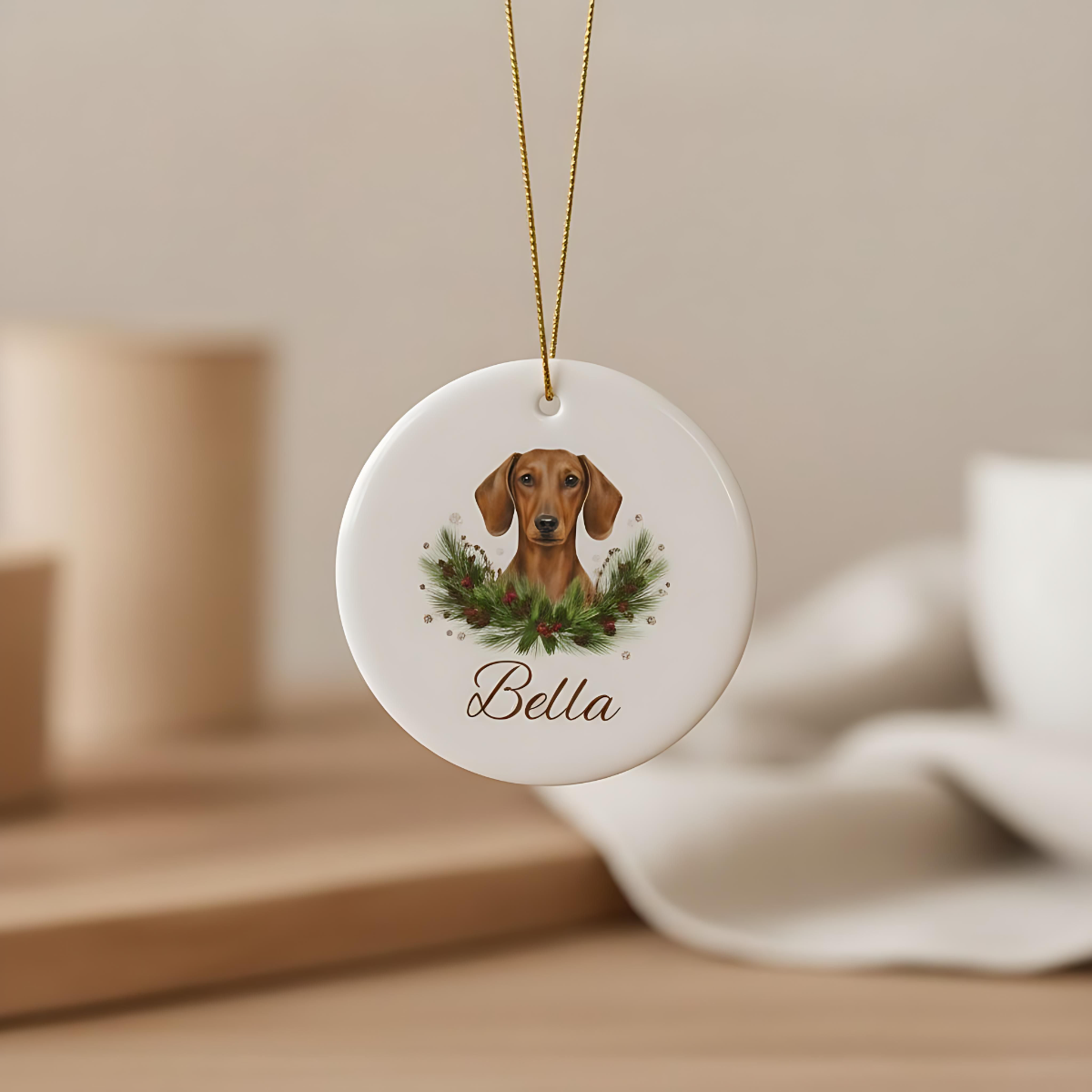 Personalized Dachshund Christmas Ornament | Custom Doxie Dog Name Ceramic Keepsake | Wiener Dog Gift