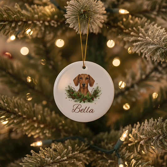 Personalized Dachshund Christmas Ornament | Custom Doxie Dog Name Ceramic Keepsake | Wiener Dog Gift