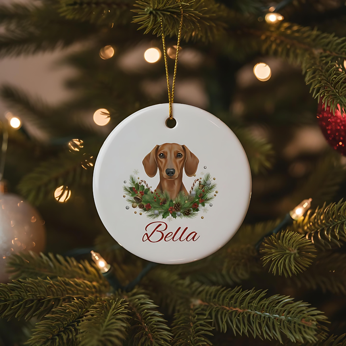 Personalized Dachshund Christmas Ornament | Custom Doxie Dog Name Ceramic Keepsake | Wiener Dog Gift