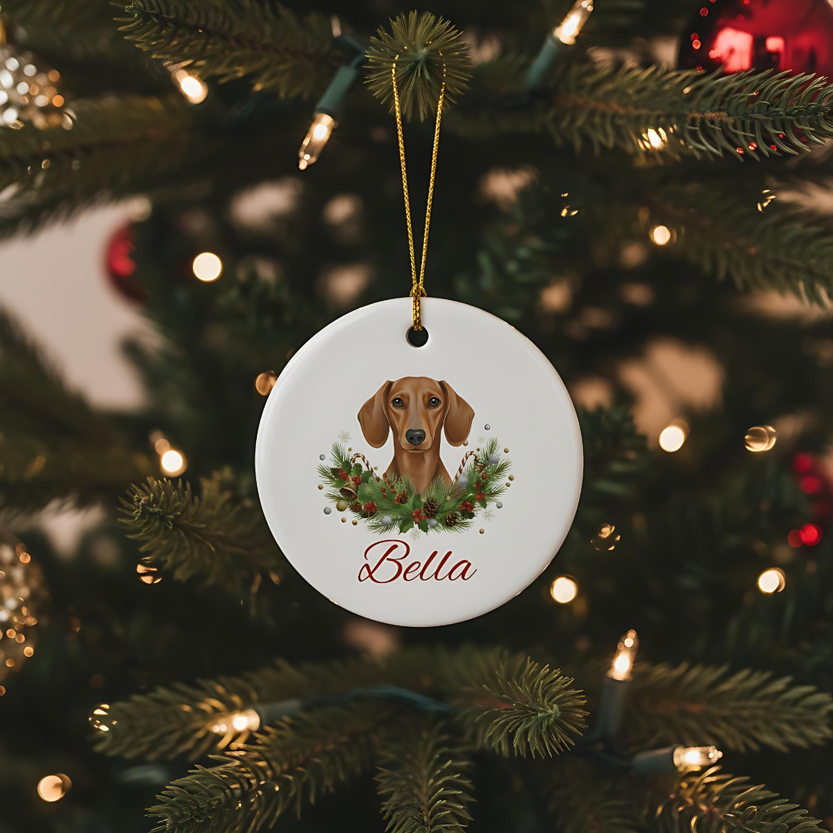 Personalized Dachshund Christmas Ornament | Custom Doxie Dog Name Ceramic Keepsake | Wiener Dog Gift