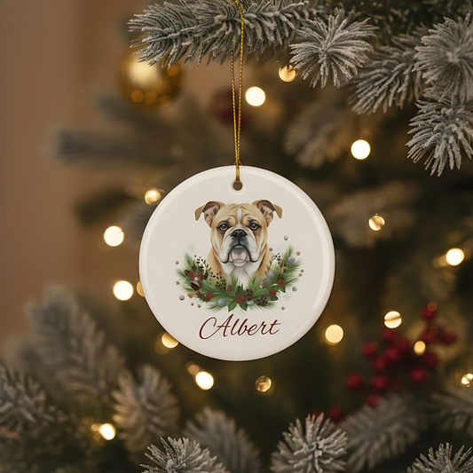 Personalized Bulldog Christmas Ornament | Custom English Bulldog Dog Name Ceramic Keepsake | Bulldog Gift for Dog Lovers