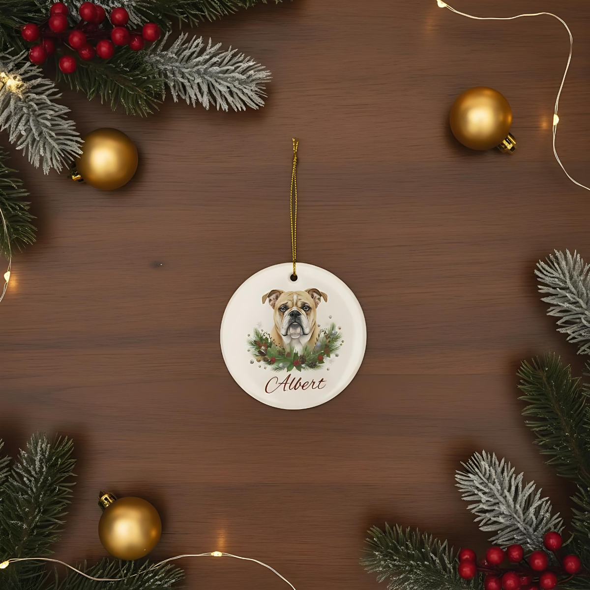 Personalized Bulldog Christmas Ornament | Custom English Bulldog Dog Name Ceramic Keepsake | Bulldog Gift for Dog Lovers