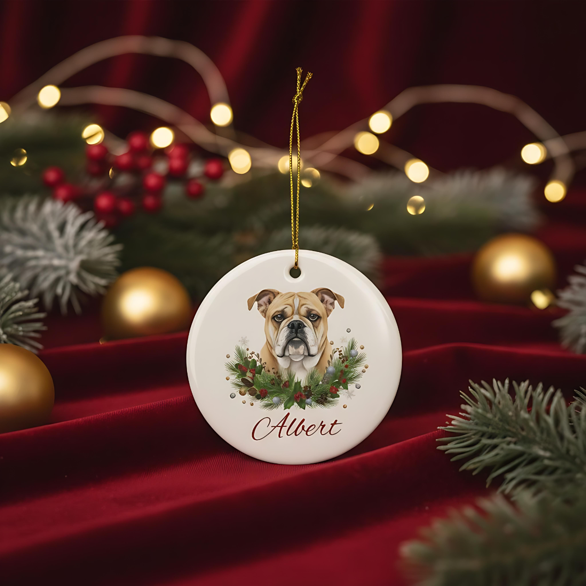 Personalized Bulldog Christmas Ornament | Custom English Bulldog Dog Name Ceramic Keepsake | Bulldog Gift for Dog Lovers