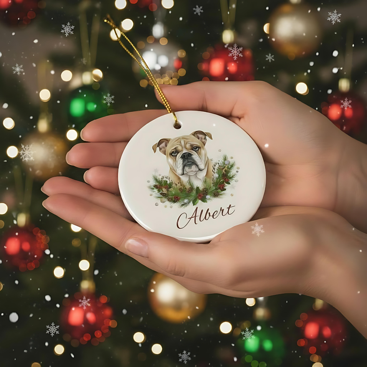 Personalized Bulldog Christmas Ornament | Custom English Bulldog Dog Name Ceramic Keepsake | Bulldog Gift for Dog Lovers