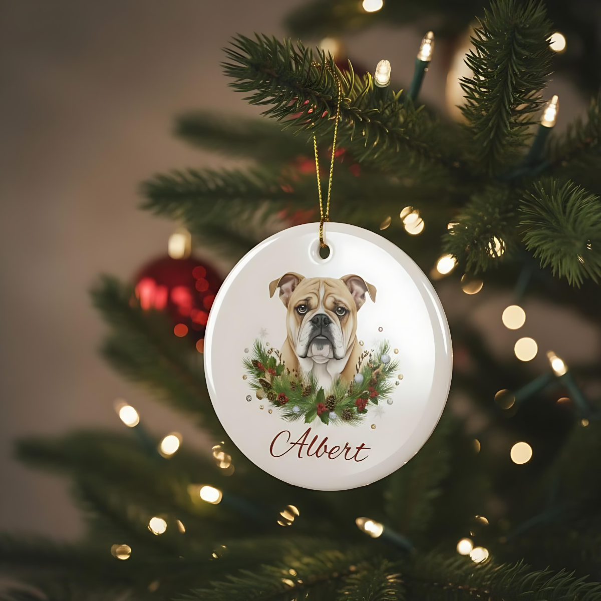 Personalized Bulldog Christmas Ornament | Custom English Bulldog Dog Name Ceramic Keepsake | Bulldog Gift for Dog Lovers