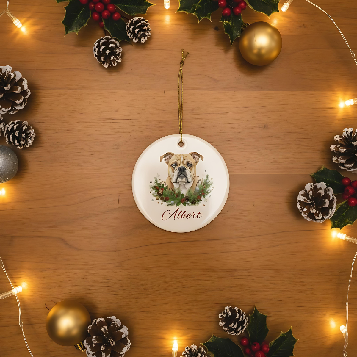 Personalized Bulldog Christmas Ornament | Custom English Bulldog Dog Name Ceramic Keepsake | Bulldog Gift for Dog Lovers